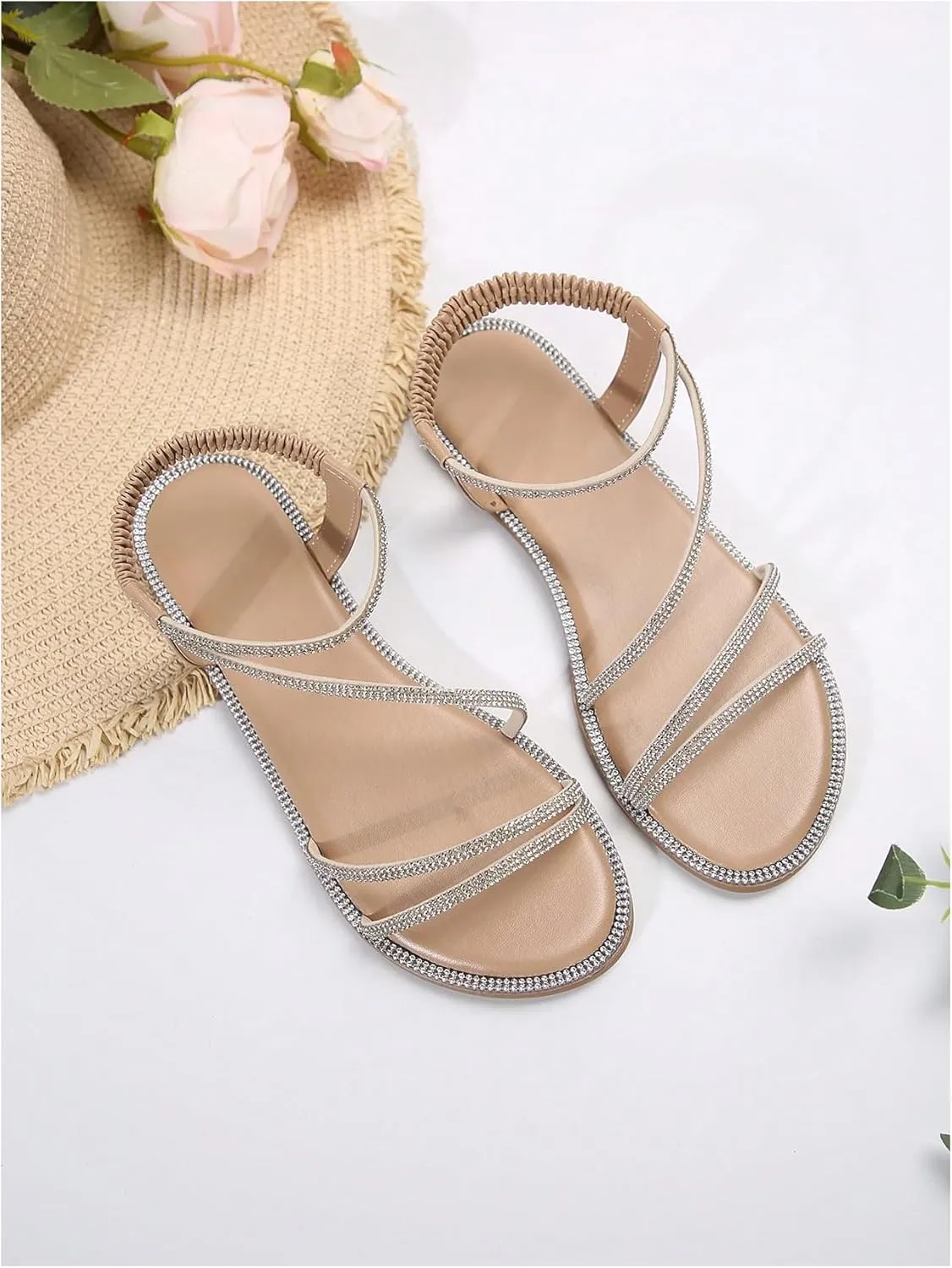 GORGLITTER Women's Rhinestone Sandals Glitter Open Toe Flats Sandal Sparkle Slingback Slides