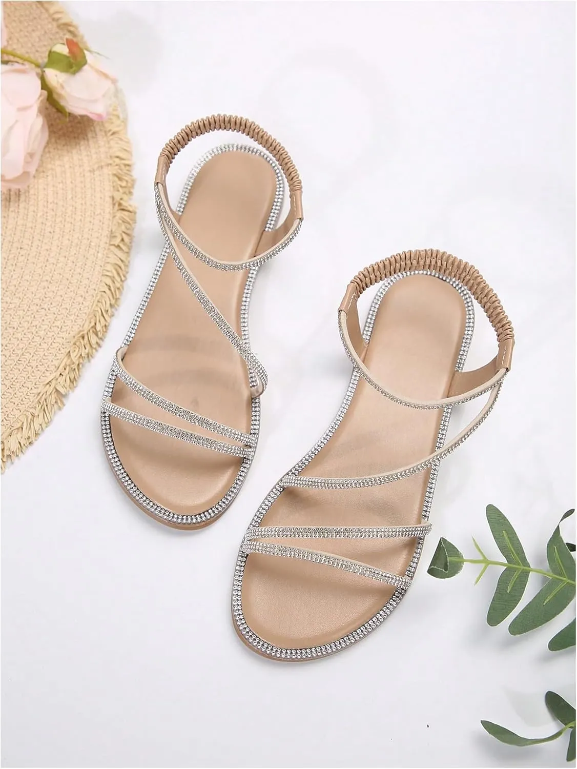 GORGLITTER Women's Rhinestone Sandals Glitter Open Toe Flats Sandal Sparkle Slingback Slides