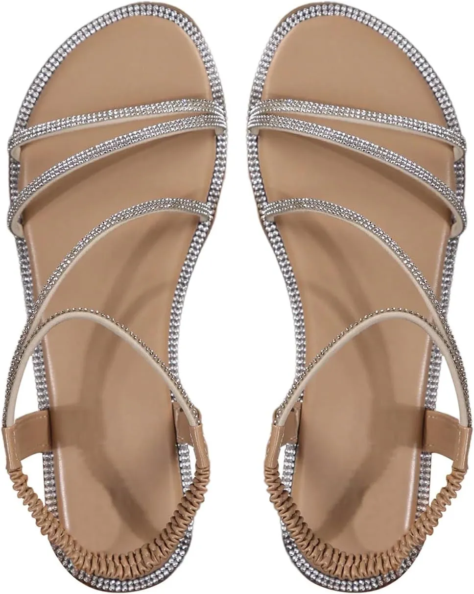 GORGLITTER Women's Rhinestone Sandals Glitter Open Toe Flats Sandal Sparkle Slingback Slides