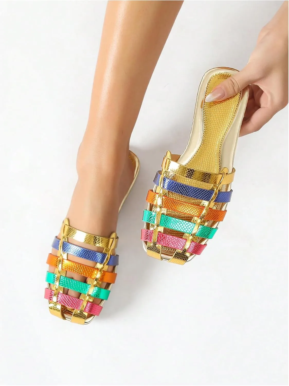 GORGLITTER Women's Snakeskin Close Toed Strappy Flat Sandals Hollow Out Slide Sandals Dressy Shoes