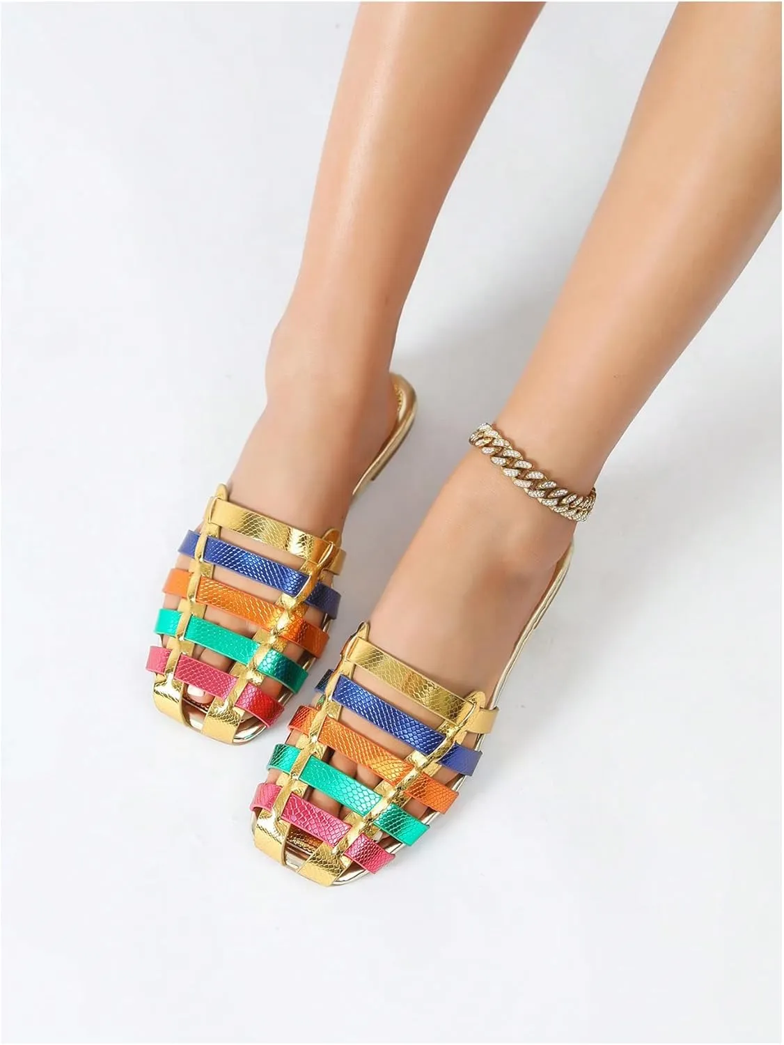 GORGLITTER Women's Snakeskin Close Toed Strappy Flat Sandals Hollow Out Slide Sandals Dressy Shoes