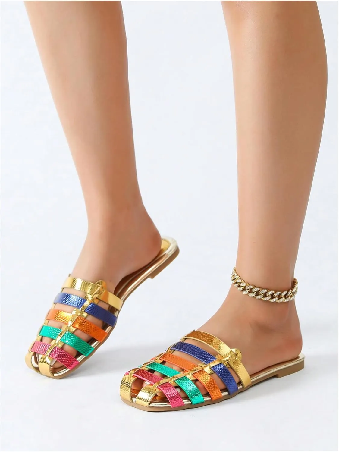 GORGLITTER Women's Snakeskin Close Toed Strappy Flat Sandals Hollow Out Slide Sandals Dressy Shoes