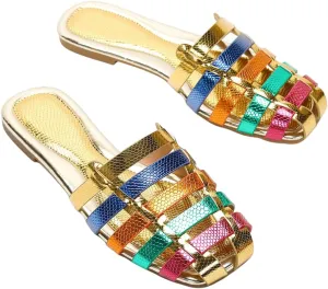 GORGLITTER Women's Snakeskin Close Toed Strappy Flat Sandals Hollow Out Slide Sandals Dressy Shoes