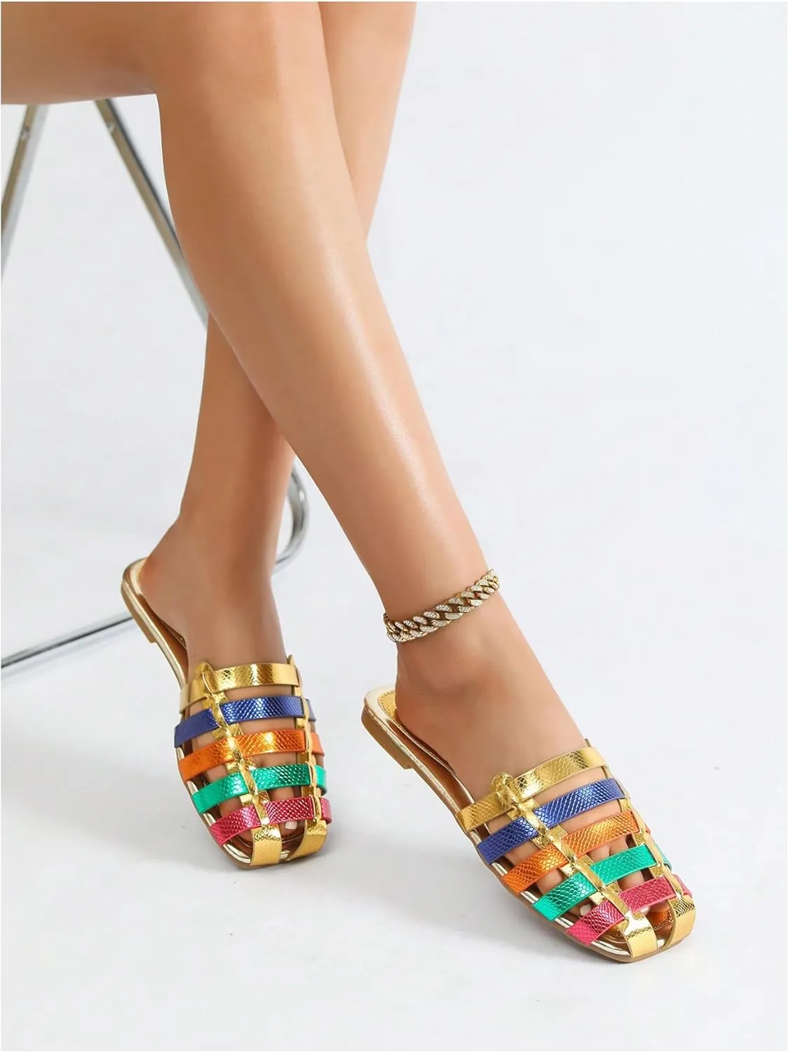 GORGLITTER Women's Snakeskin Close Toed Strappy Flat Sandals Hollow Out Slide Sandals Dressy Shoes