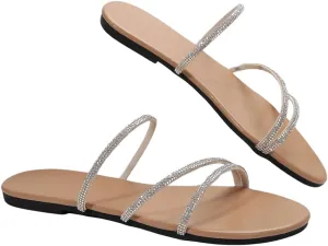 GORGLITTER Women's Sparkly Rhinestone Flat Sandals Glitter Bling Strappy Open Toe Slides