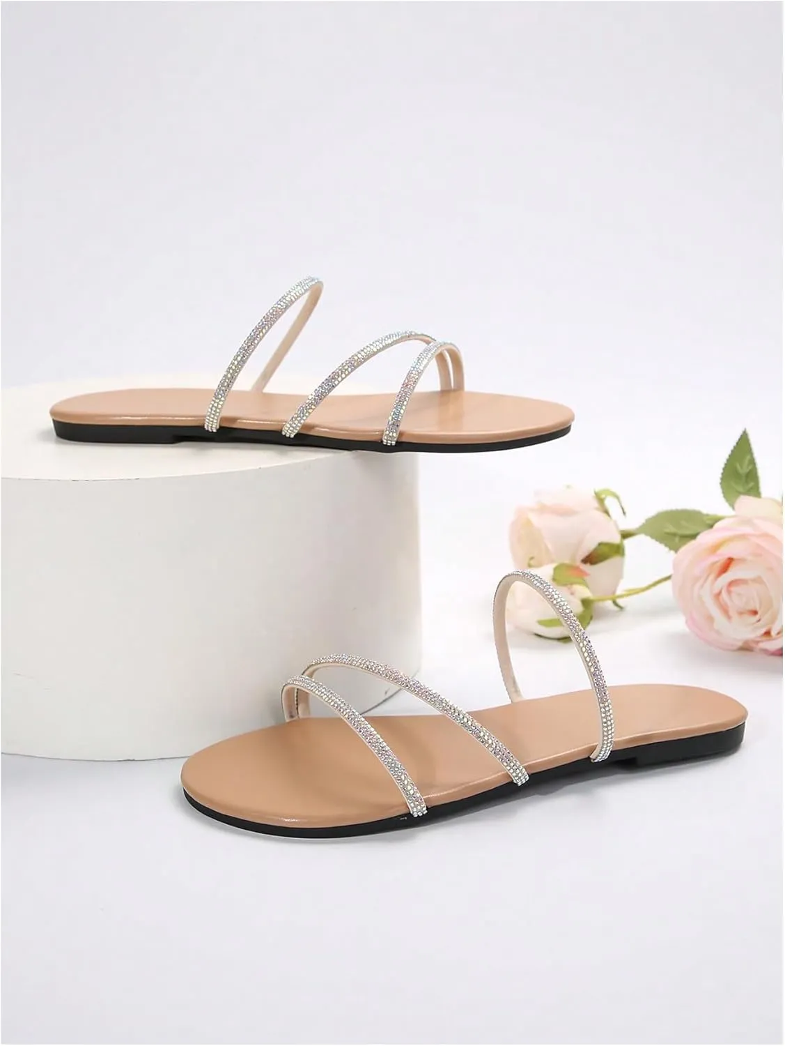 GORGLITTER Women's Sparkly Rhinestone Flat Sandals Glitter Bling Strappy Open Toe Slides