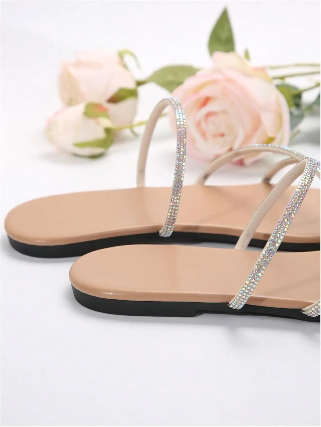 GORGLITTER Women's Sparkly Rhinestone Flat Sandals Glitter Bling Strappy Open Toe Slides
