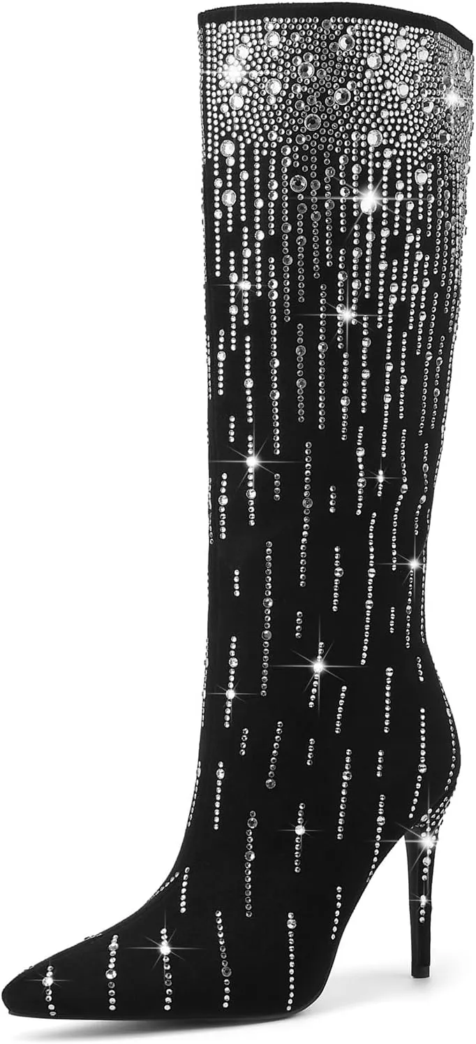 GOSERCE Black Rhinestone Knee High Boots for Women Suede Long High Heel Boot Pointed Toe Tall Stiletto Sparkly Boots Dress Girls Party Prom Shows Glitter Shoes