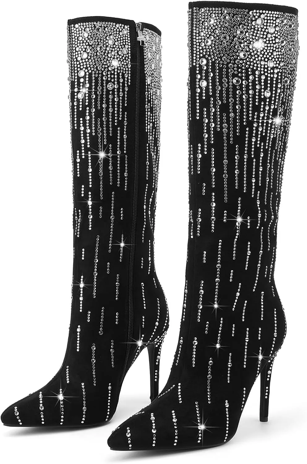 GOSERCE Black Rhinestone Knee High Boots for Women Suede Long High Heel Boot Pointed Toe Tall Stiletto Sparkly Boots Dress Girls Party Prom Shows Glitter Shoes