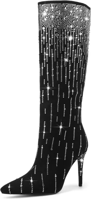 GOSERCE Black Rhinestone Knee High Boots for Women Suede Long High Heel Boot Pointed Toe Tall Stiletto Sparkly Boots Dress Girls Party Prom Shows Glitter Shoes