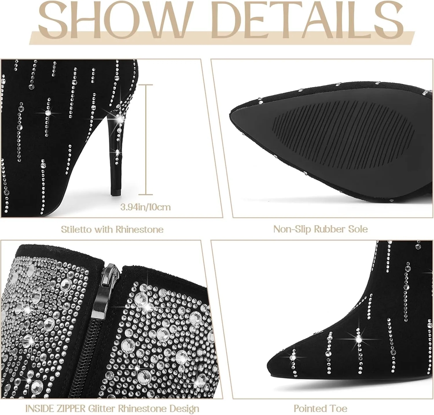 GOSERCE Black Rhinestone Knee High Boots for Women Suede Long High Heel Boot Pointed Toe Tall Stiletto Sparkly Boots Dress Girls Party Prom Shows Glitter Shoes