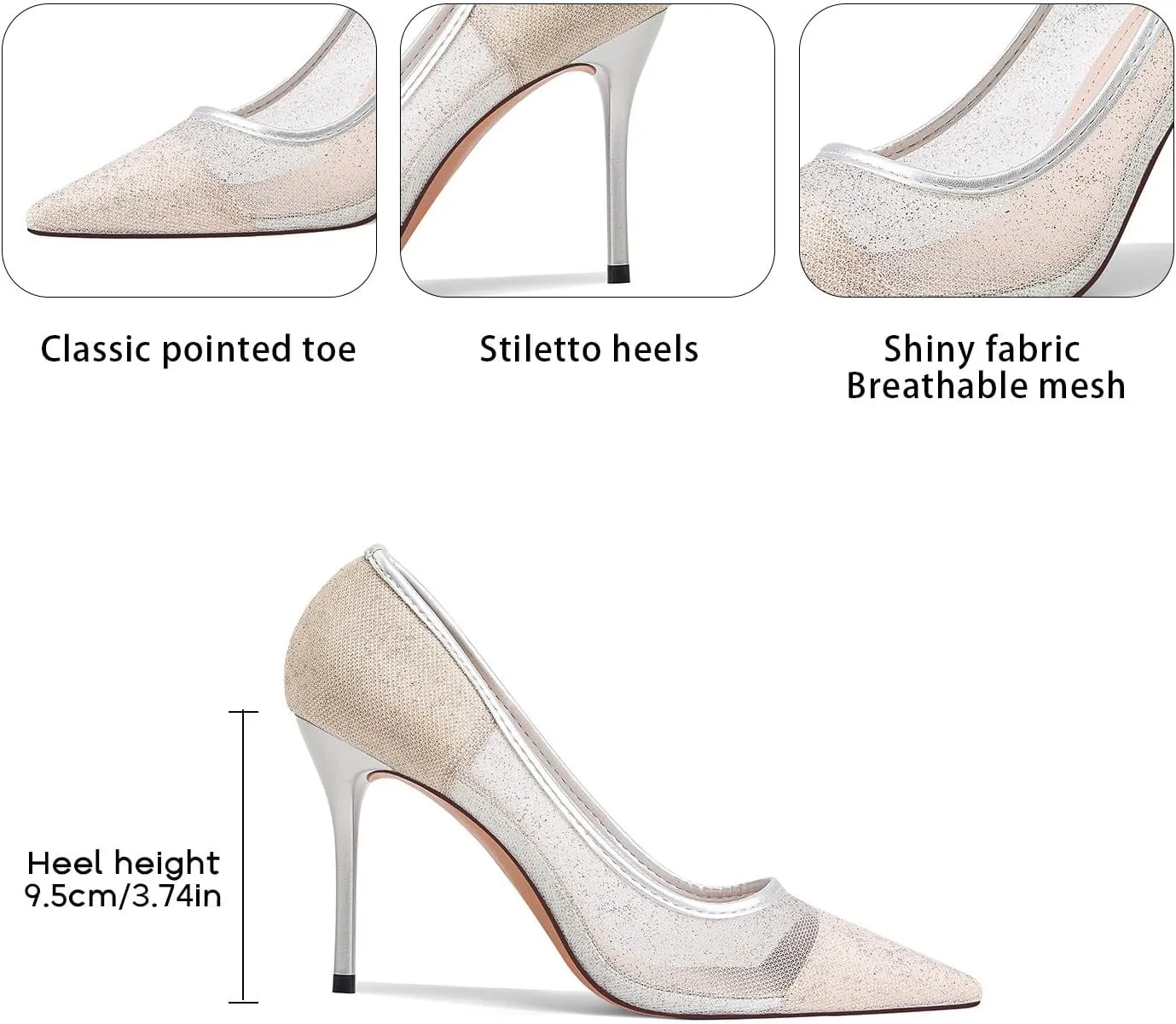 GOSERCE Rhinestone Heels Dressy Women's Stiletto Pointed Toe Pumps Mesh High Heel Pumps Fashion Prom Wedding Evening Party Shoes