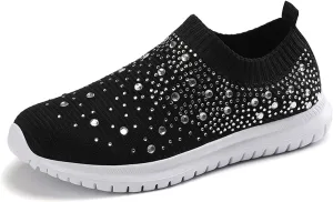 GOSPT Women's Mesh Walking Shoes Rhinestone Glitter Slip On Ballroom Jazz Latin Dance Sock Sneakers