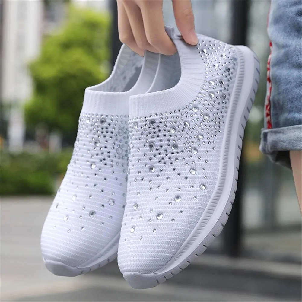 GOSPT Women's Mesh Walking Shoes Rhinestone Glitter Slip On Ballroom Jazz Latin Dance Sock Sneakers