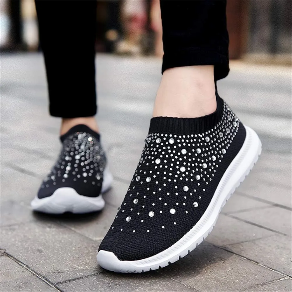 GOSPT Women's Mesh Walking Shoes Rhinestone Glitter Slip On Ballroom Jazz Latin Dance Sock Sneakers