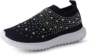 GOSPT Women's Mesh Walking Shoes Rhinestone Glitter Slip On Ballroom Jazz Latin Dance Sock Sneakers