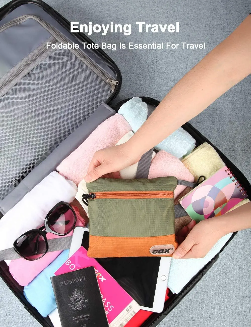 GOX Large Foldable Travel Duffel Bag Packable Tote Bag Carry on Luggage Weekender Overnight Bag Lightweight (Green&Orange)