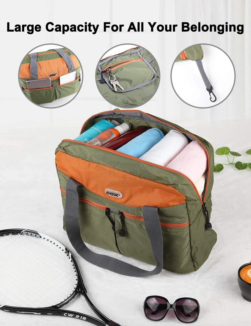 GOX Large Foldable Travel Duffel Bag Packable Tote Bag Carry on Luggage Weekender Overnight Bag Lightweight (Green&Orange)