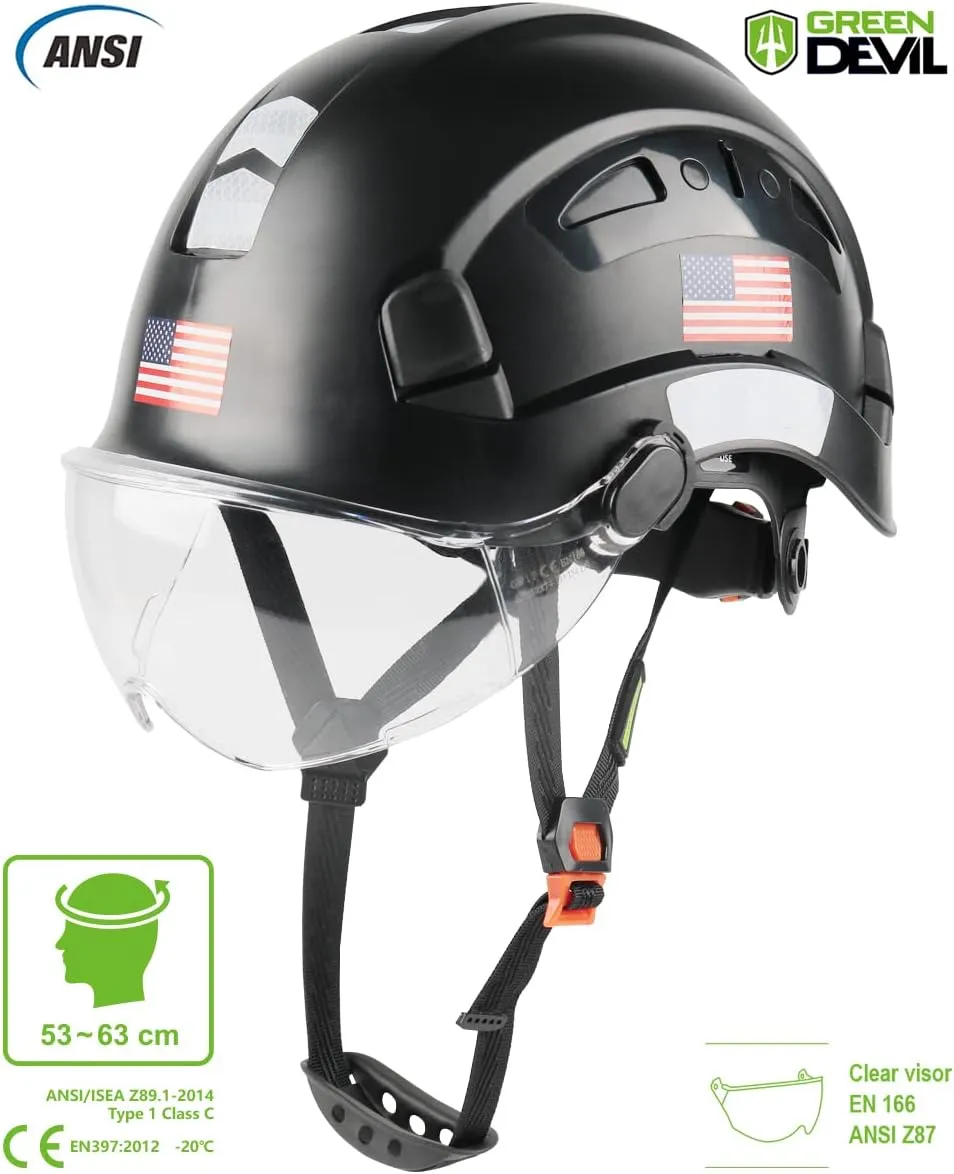 GREEN DEVIL Safety Helmet Hard Hat with Visor Chinstrap Adjustable Lightweight Vented ABS Work Helmet for Men and Women 6-Point Suspension ANSI Z89.1 Approved Ideal for Industrial & Construction