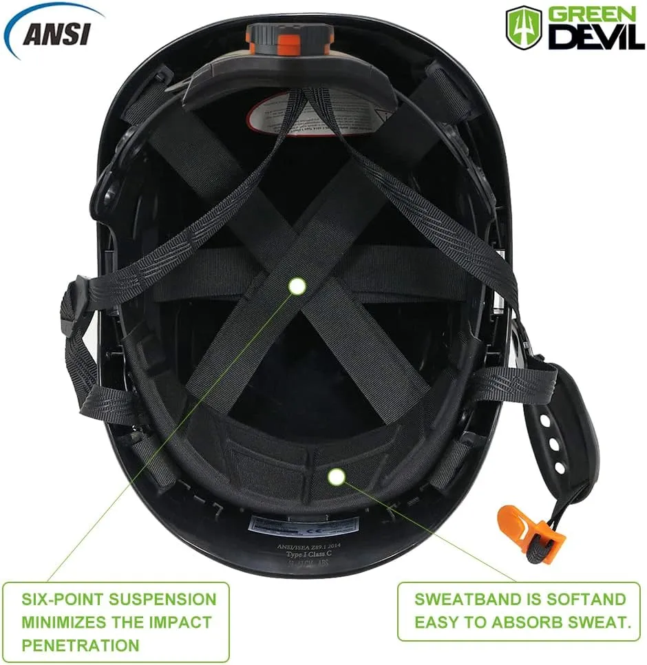 GREEN DEVIL Safety Helmet Hard Hat with Visor Chinstrap Adjustable Lightweight Vented ABS Work Helmet for Men and Women 6-Point Suspension ANSI Z89.1 Approved Ideal for Industrial & Construction