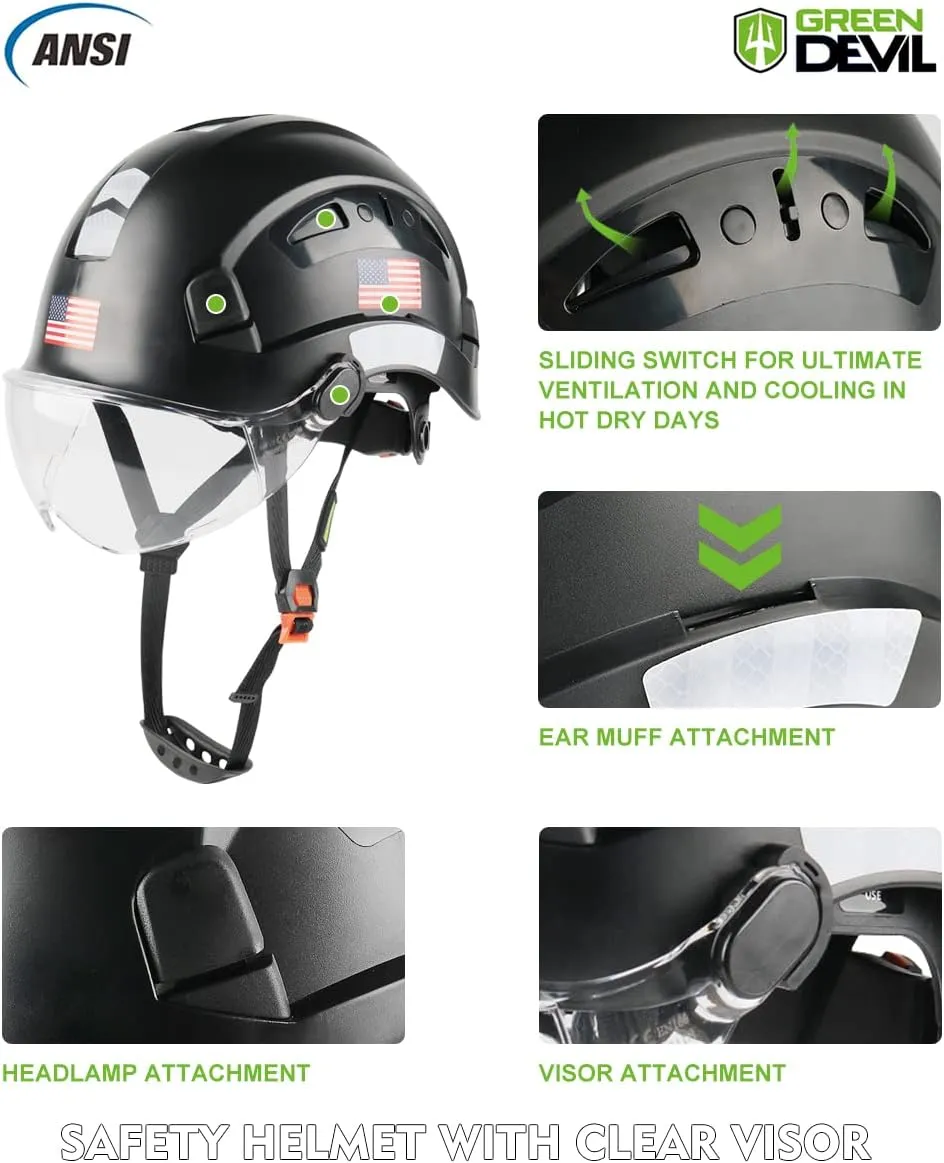 GREEN DEVIL Safety Helmet Hard Hat with Visor Chinstrap Adjustable Lightweight Vented ABS Work Helmet for Men and Women 6-Point Suspension ANSI Z89.1 Approved Ideal for Industrial & Construction