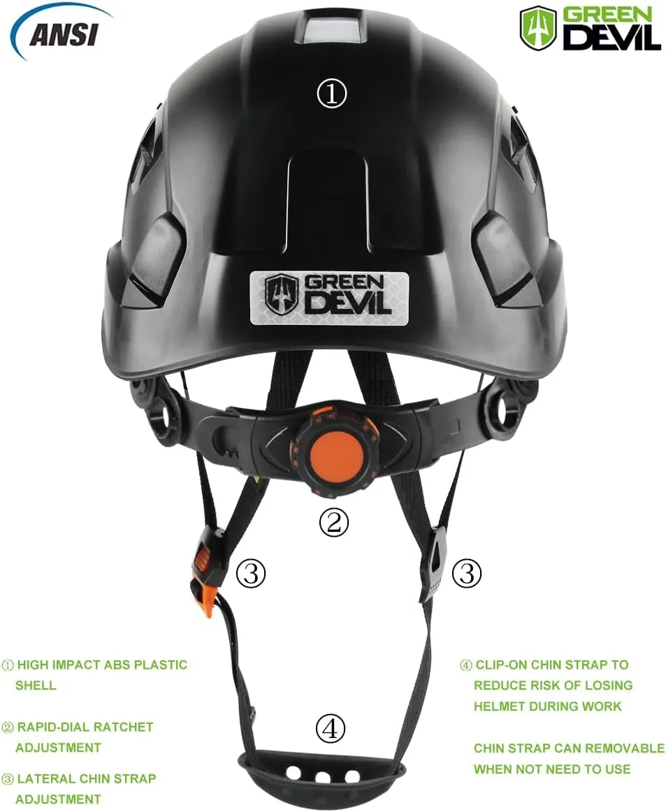 GREEN DEVIL Safety Helmet Hard Hat with Visor Chinstrap Adjustable Lightweight Vented ABS Work Helmet for Men and Women 6-Point Suspension ANSI Z89.1 Approved Ideal for Industrial & Construction