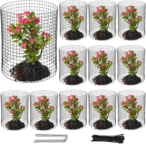 Hacaroa 10 Pack Wire Plant Protectors from Small Animals, 12"x12" Square Mesh Plant Protection Cage Chicken Wire Cloche with 40 Ground Stakes and 120 Nylon Ties for Flowers, Shrubs, Dark Green