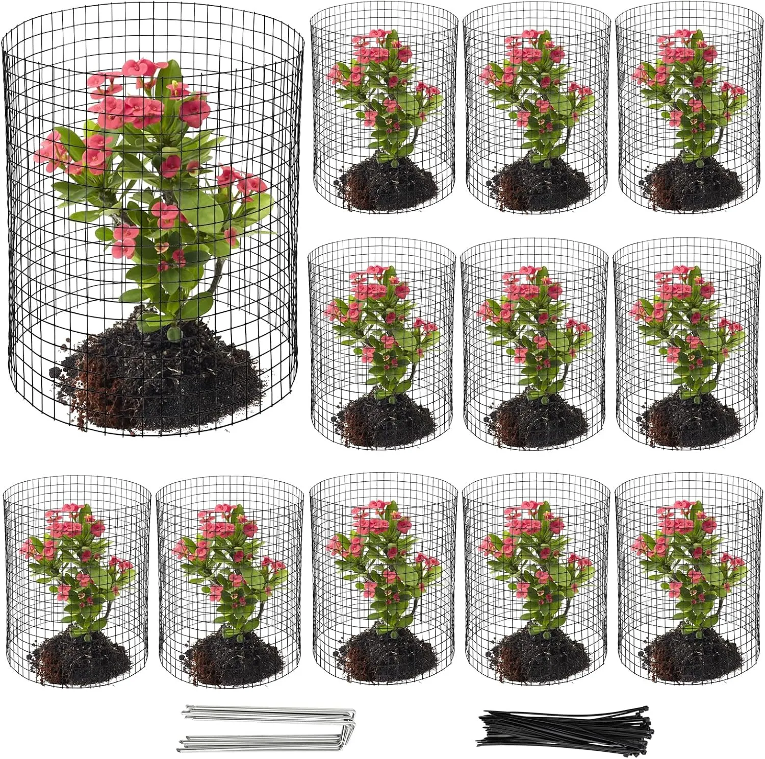 Hacaroa 10 Pack Wire Plant Protectors from Small Animals, 12"x12" Square Mesh Plant Protection Cage Chicken Wire Cloche with 40 Ground Stakes and 120 Nylon Ties for Flowers, Shrubs, Dark Green