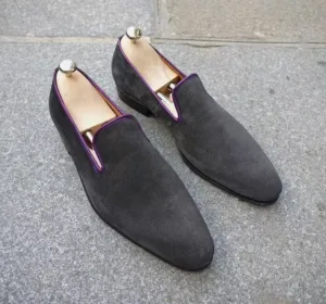 Handmade Men Dark Gray Suede Slip Ons Office Loafers Shoes, Dress Moccasins