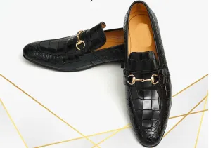 Handmade Men's Black Crocodile Embossed Moccasins Loafer