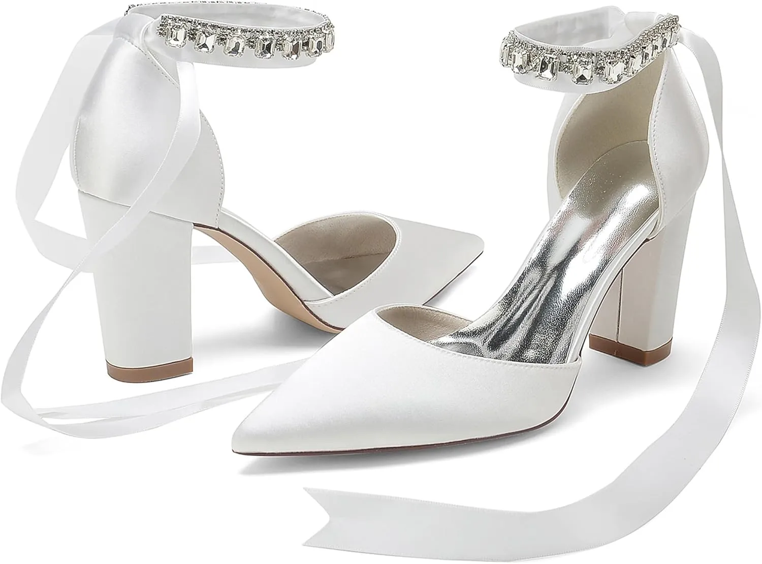 Hanfike Womens Elegant Formal Shoes Chunky High Heel Bridal Wedding Pumps with Ribbon JY173