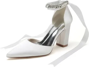 Hanfike Womens Elegant Formal Shoes Chunky High Heel Bridal Wedding Pumps with Ribbon JY173