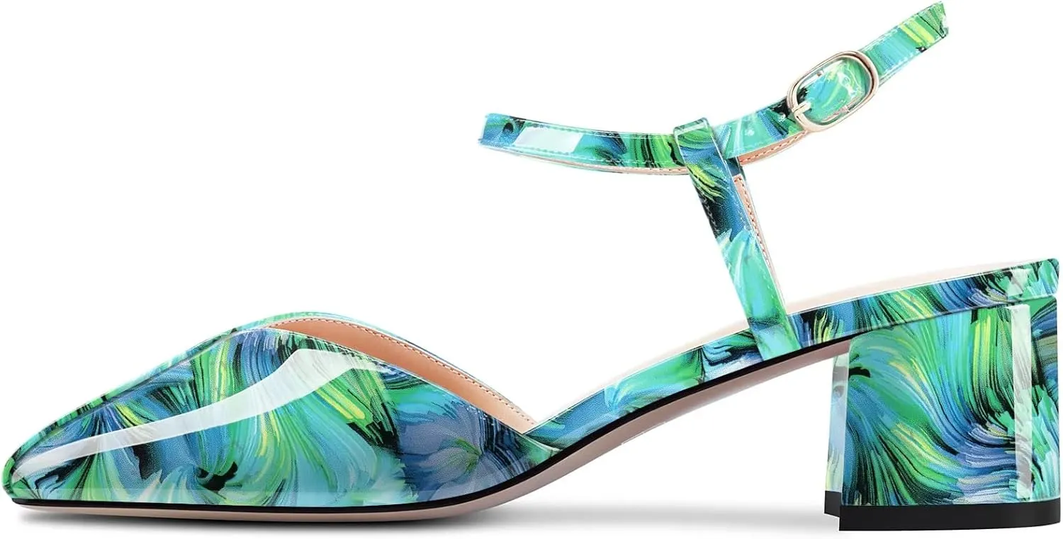 HDEUOLM Women Chunky Block Mid Heel Square Toe Pumps Ankle Strap Buckle Casual Cute 2.0 Inches Heels