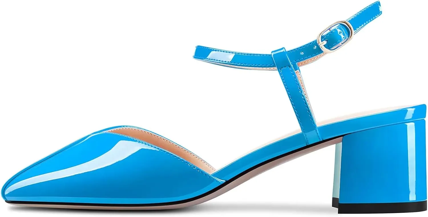 HDEUOLM Women Chunky Block Mid Heel Square Toe Pumps Ankle Strap Buckle Casual Cute 2.0 Inches Heels