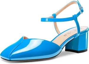 HDEUOLM Women Chunky Block Mid Heel Square Toe Pumps Ankle Strap Buckle Casual Cute 2.0 Inches Heels