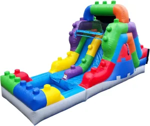 Herokiddo Block Party 12’ Tall Dual Lane Backload Inflatable Water Slide with Attached Pool, for Kids and Adults, Commercial Grade PVC Vinyl, Outdoor Backyard Fun, Blow Up Water Park, Blower Included