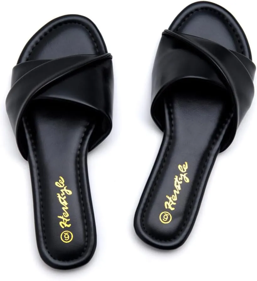 Herstyle MARLENA Women’s Flat Sandals, Fashion Slides Comfortable Casual Sandals with Round Open Toe and Single Band – Dressy Slip-On Slippers for Summer