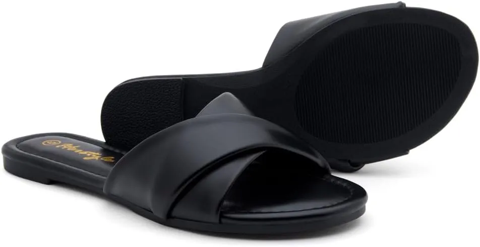 Herstyle MARLENA Women’s Flat Sandals, Fashion Slides Comfortable Casual Sandals with Round Open Toe and Single Band – Dressy Slip-On Slippers for Summer