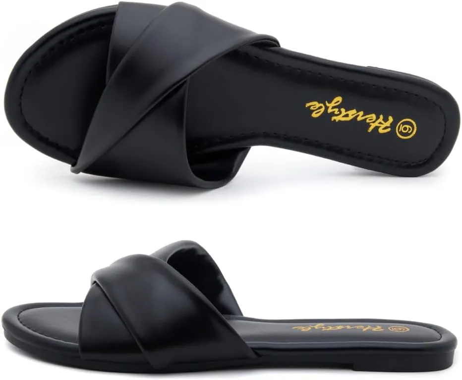 Herstyle MARLENA Women’s Flat Sandals, Fashion Slides Comfortable Casual Sandals with Round Open Toe and Single Band – Dressy Slip-On Slippers for Summer