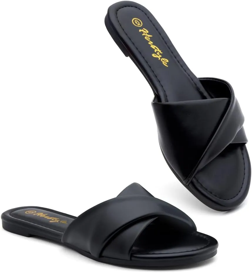 Herstyle MARLENA Women’s Flat Sandals, Fashion Slides Comfortable Casual Sandals with Round Open Toe and Single Band – Dressy Slip-On Slippers for Summer