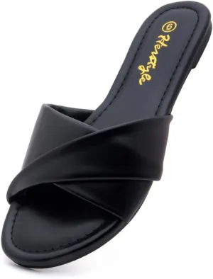 Herstyle MARLENA Women’s Flat Sandals, Fashion Slides Comfortable Casual Sandals with Round Open Toe and Single Band – Dressy Slip-On Slippers for Summer