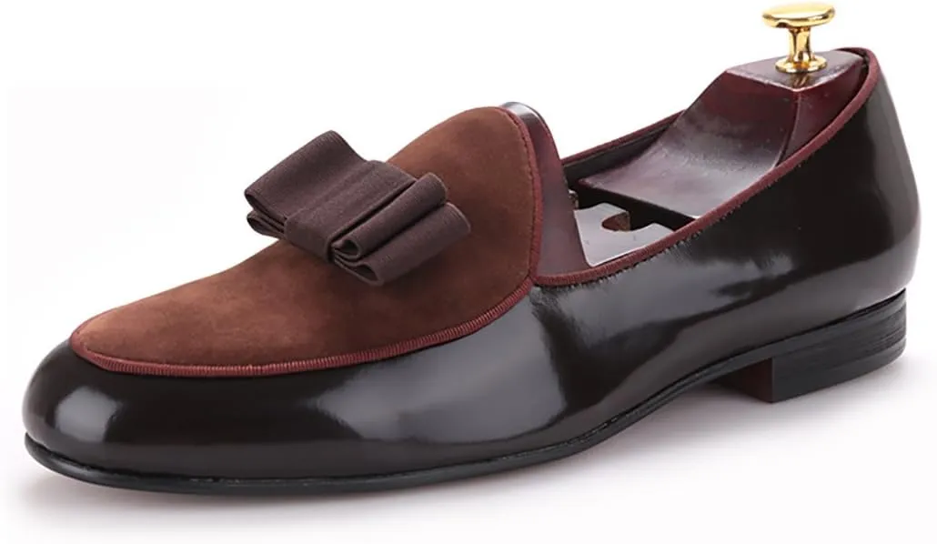 HI&HANN Men's Velvet and Nubuck Leather Stitching with Bowtie Flats Shoes Slip-on Loafer Smoking Slipper