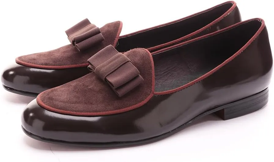 HI&HANN Men's Velvet and Nubuck Leather Stitching with Bowtie Flats Shoes Slip-on Loafer Smoking Slipper