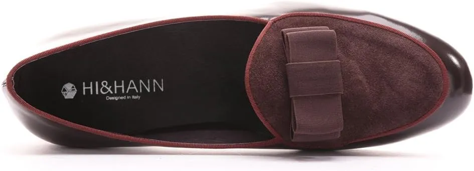 HI&HANN Men's Velvet and Nubuck Leather Stitching with Bowtie Flats Shoes Slip-on Loafer Smoking Slipper