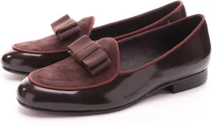 HI&HANN Men's Velvet and Nubuck Leather Stitching with Bowtie Flats Shoes Slip-on Loafer Smoking Slipper