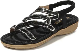 HNGHOU Womens Flats Sandals Summer Gladiator Bohemian Beaded Dress Shoes Comfortable Open Toe Sandal Flat (Black, US 5.5)