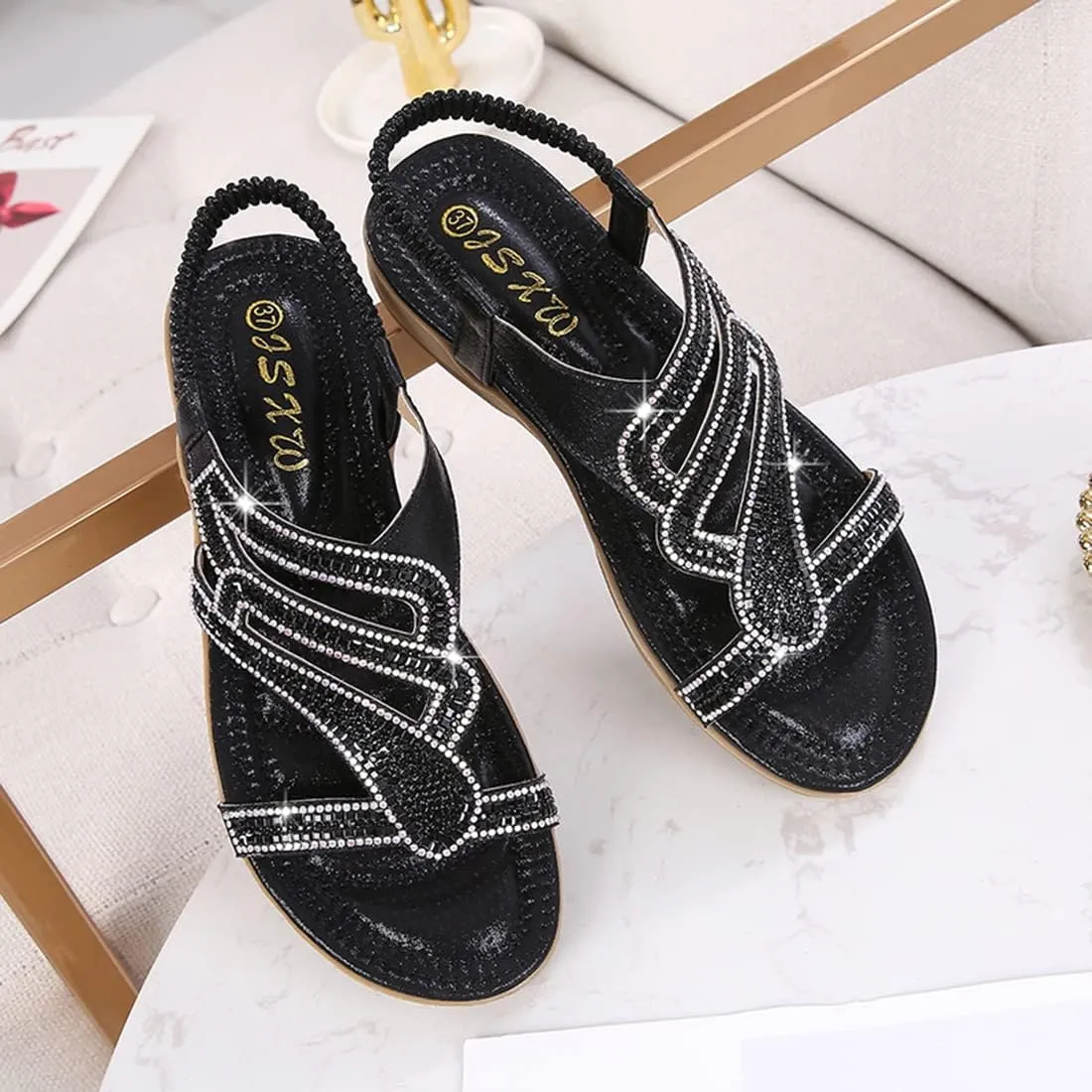 HNGHOU Womens Flats Sandals Summer Gladiator Bohemian Beaded Dress Shoes Comfortable Open Toe Sandal Flat (Black, US 5.5)
