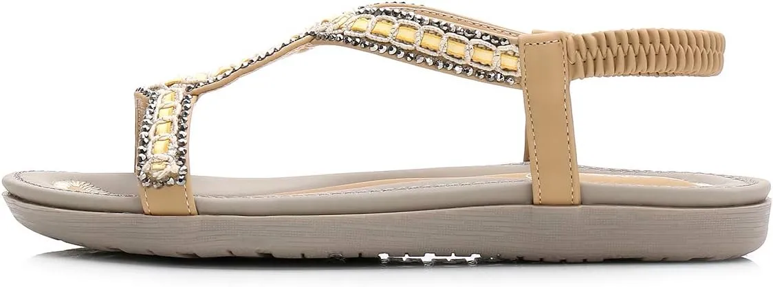 HNGHOU Women's Summer Sandals Casual Comfortable Bohemia Beach Flat Sandals Open Toe Ankle Crystal Gladiator Shoes