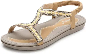 HNGHOU Women's Summer Sandals Casual Comfortable Bohemia Beach Flat Sandals Open Toe Ankle Crystal Gladiator Shoes