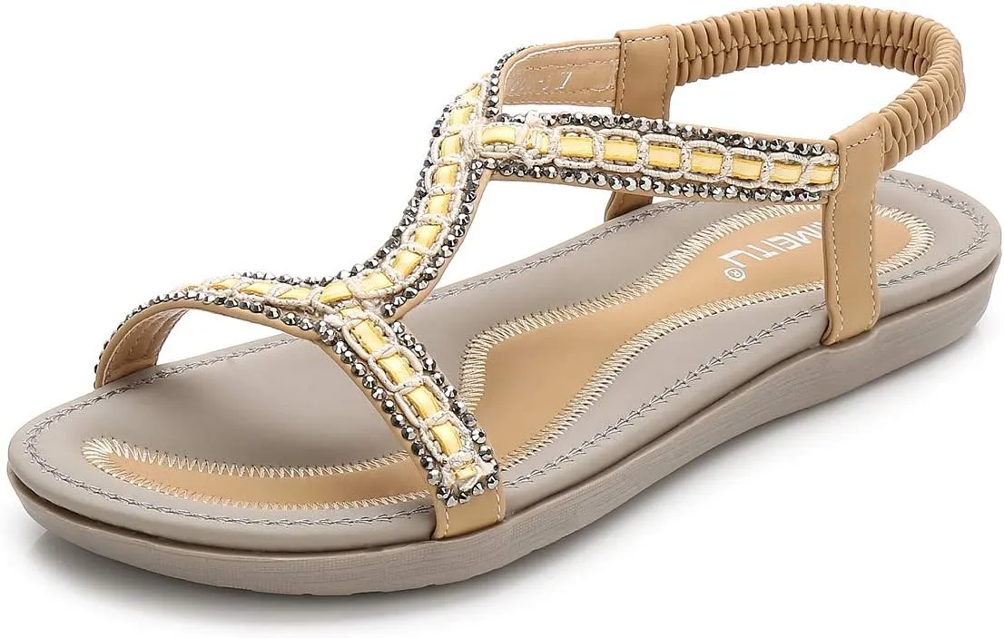 HNGHOU Women's Summer Sandals Casual Comfortable Bohemia Beach Flat Sandals Open Toe Ankle Crystal Gladiator Shoes